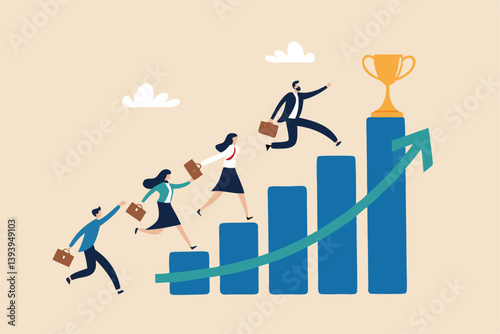 Growth to success, team achievement or teamwork to achieve target, career development or business strategy to win or victory, growing business concept, business people running up graph to trophy.