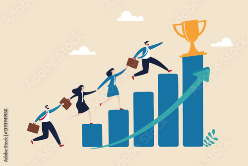 Growth to success, team achievement or teamwork to achieve target, career development or business strategy to win or victory, growing business concept, business people running up graph to trophy.
