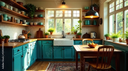 Bright sunlit kitchen with teal cabinetry  wooden countertops  and open shelving displaying ceramic dishes and potted plants