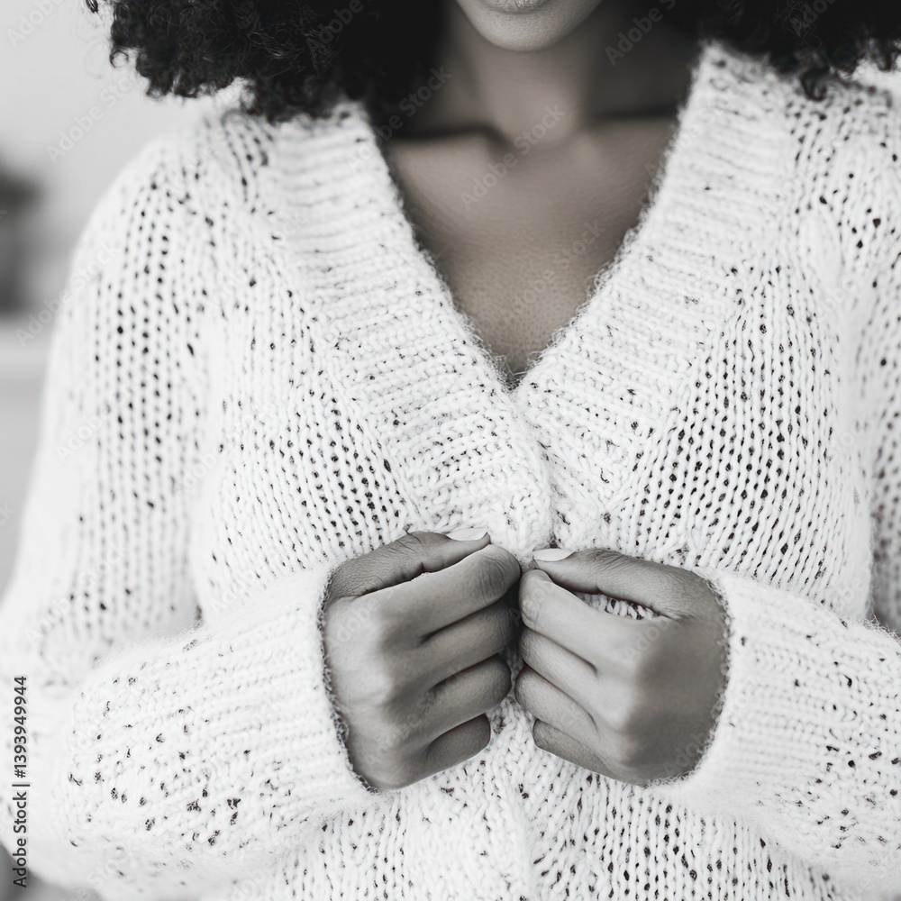 Black woman in cozy white sweater, hugging herself, showcasing soft texture, warm ambiance, indoor setting, intimate moment, soft lighting, capturing natural beauty
