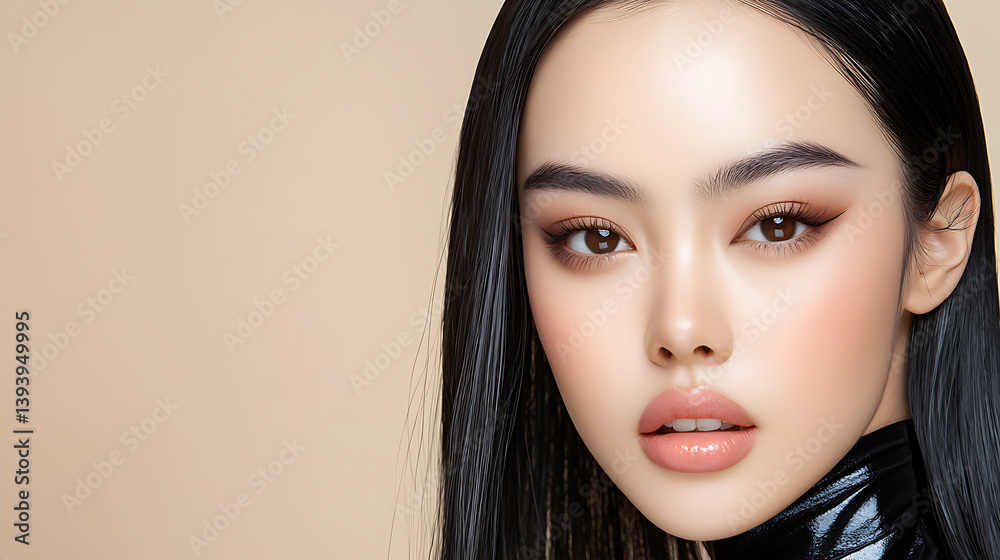 Naklejka premium Beauty portrait of a young woman in studio fashion photography soft lighting close-up glamour concept