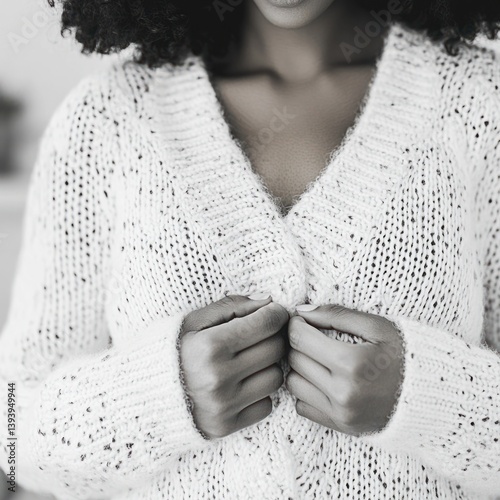 Obraz na płótnie Black woman in cozy white sweater, hugging herself, showcasing soft texture, warm ambiance, indoor setting, intimate moment, soft lighting, capturing natural beauty w salonie
