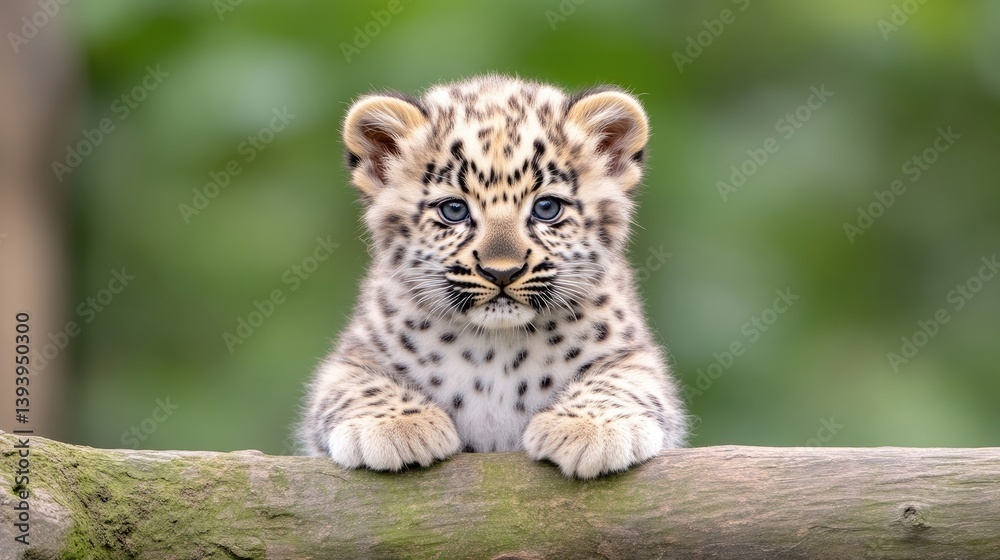 Adorable baby leopard cub resting on a branch.  A precious, playful, and innocent young leopard cub, nestled on a log, gazes directly at the viewer. Its soft, spotted fur and large,