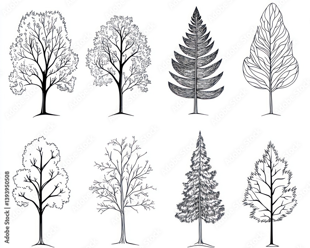 Fototapeta premium Eight hand-drawn tree silhouettes; design resource