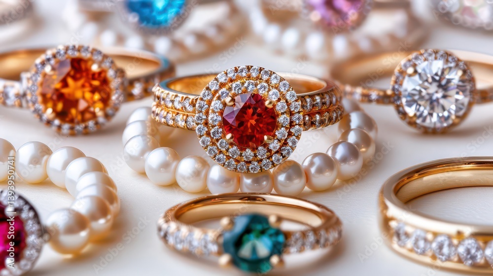 A collection of elegant rings featuring gemstones and pearls, showcasing luxury and beauty. A collection of elegant rings featuring gemstones and pearls, showcasing luxury and beauty.