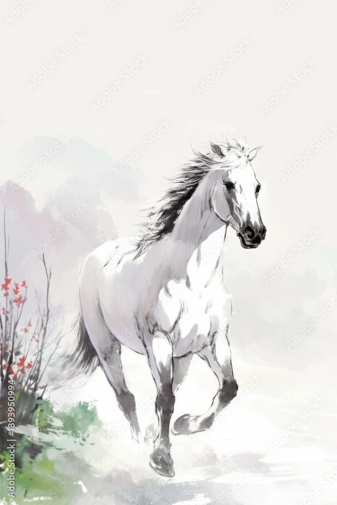 Fototapeta Chinese style freehand color ink painting illustration of a galloping horse