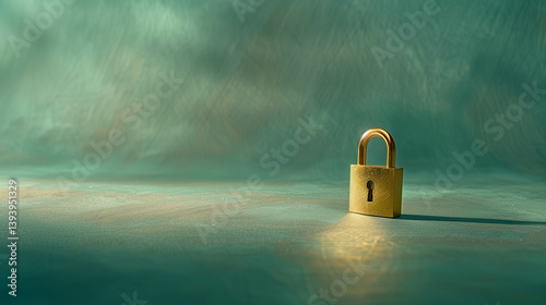 Golden padlock standing alone on reflective surface in soft moody lighting photo