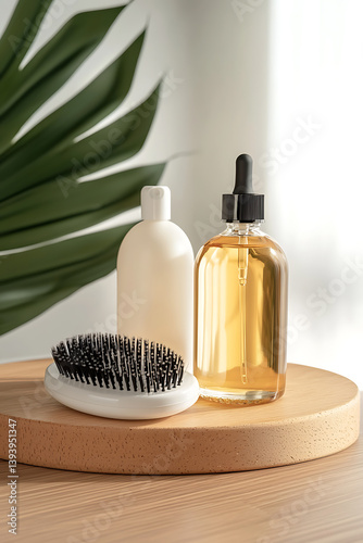 Hair care oils and accessories modern home product photography warm environment close-up beauty routine