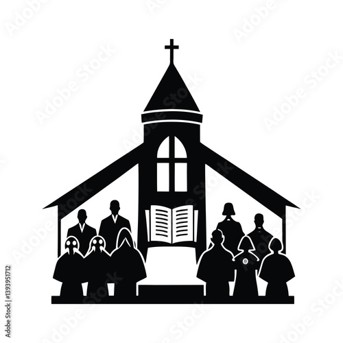 silhouette of people singing easter hymns infront  of a church