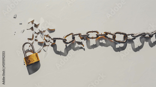 Broken gold padlock on cracked marble surface symbolizing breach of security or vulnerability photo
