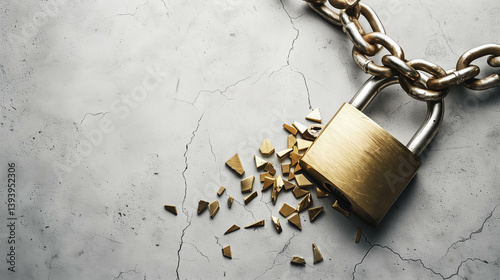 Broken gold padlock on cracked marble surface symbolizing breach of security or vulnerability photo