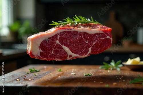 A succulent cut of seasoned beef, ready for grilling, floats elegantly above a rustic wooden surface, adorned with fresh herbs, promising a delicious culinary experience.