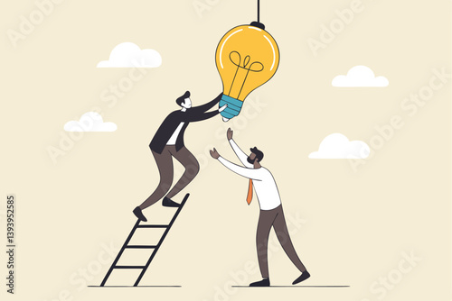 Partnership to success together, teamwork help get solution to solve problem, support to togetherness, collaboration and cooperation concept, businessman help support coworker to turn on lightbulb.