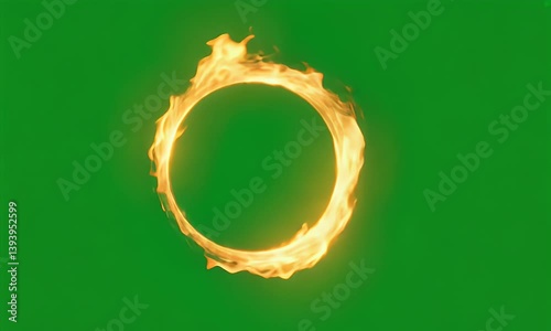 green screen video frame of hot blazing fire ring revolving smoothly and giving off intense glow in front of green