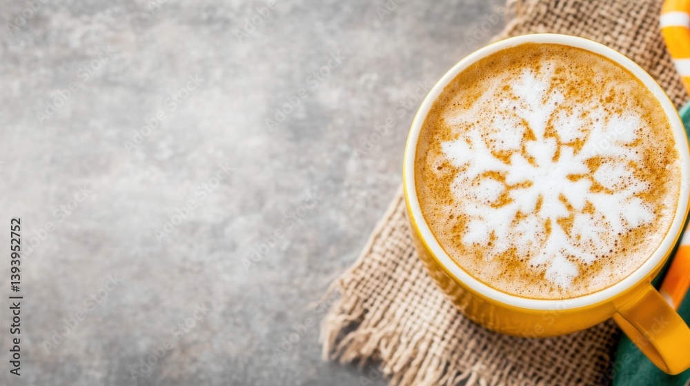 A warm mug with beautiful snowflake latte art sits on a textured surface, ready to enjoy in a cozy cafe during winter afternoons A warm mug with beautiful snowflake latte art sits on a textured surface, ready to enjoy in a cozy cafe during winter afternoons