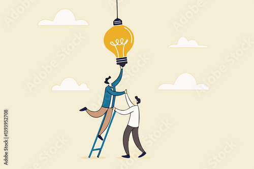 Partnership to success together, teamwork help get solution to solve problem, support to togetherness, collaboration and cooperation concept, businessman help support coworker to turn on lightbulb.