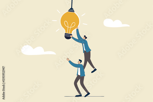 Partnership to success together, teamwork help get solution to solve problem, support to togetherness, collaboration and cooperation concept, businessman help support coworker to turn on lightbulb.