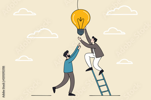 Partnership to success together, teamwork help get solution to solve problem, support to togetherness, collaboration and cooperation concept, businessman help support coworker to turn on lightbulb.