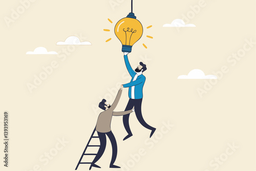Partnership to success together, teamwork help get solution to solve problem, support to togetherness, collaboration and cooperation concept, businessman help support coworker to turn on lightbulb.