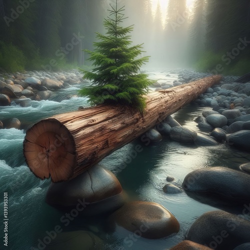 A single debarked tree trunk laid across the river supported by