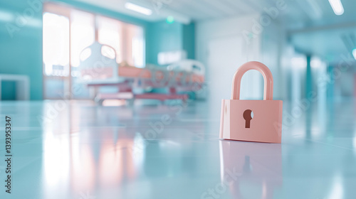 Pink padlock on shiny hospital floor symbolizing medical privacy and data protection in healthcare photo