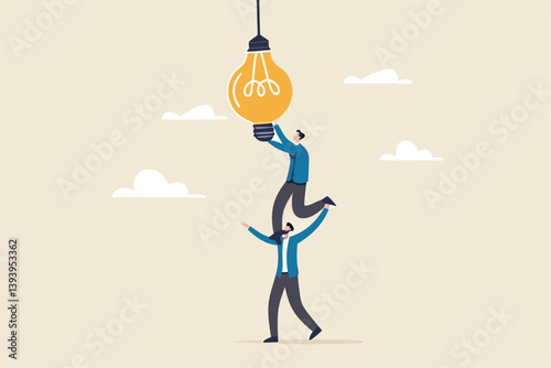 Partnership to success together, teamwork help get solution to solve problem, support to togetherness, collaboration and cooperation concept, businessman help support coworker to turn on lightbulb.