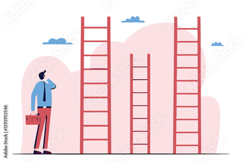 Choosing success ladder, difference career path, opportunity or various choices, challenge to choose best option, climb up ladder of success concept, businessman thinking to choose the right ladder.