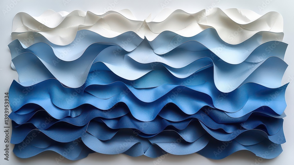 A textured artwork featuring layered waves in varying shades of blue and white. A textured artwork featuring layered waves in varying shades of blue and white.