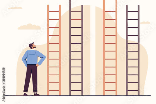 Choosing success ladder, difference career path, opportunity or various choices, challenge to choose best option, climb up ladder of success concept, businessman thinking to choose the right ladder.