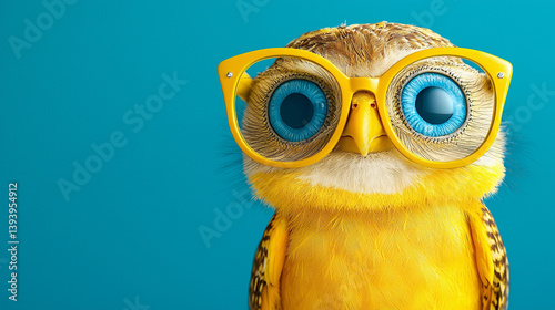 Wise owl wearing glasses, blue background, education concept
