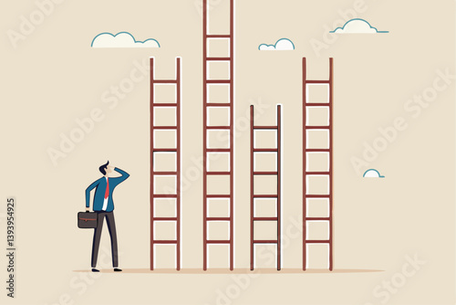 Choosing success ladder, difference career path, opportunity or various choices, challenge to choose best option, climb up ladder of success concept, businessman thinking to choose the right ladder.