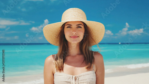 Beachside Radiance: A woman with serene confidence on a sun-kissed beach, framed by the azure sky and turquoise waters. She wears a stylish sun hat, reflecting the blissful essence of summer. 