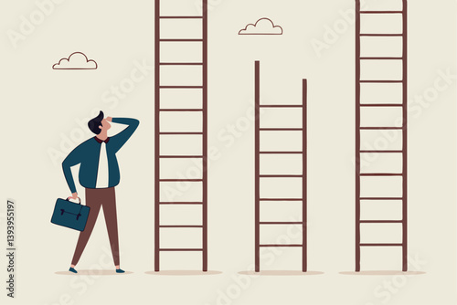 Choosing success ladder, difference career path, opportunity or various choices, challenge to choose best option, climb up ladder of success concept, businessman thinking to choose the right ladder.