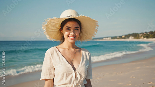 Golden Hour Beach Serenity: A portrait of radiant woman in a elegant sun hat, strolling along the sun-kissed sands.Capturing tranquility and joy