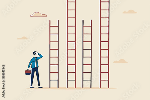 Choosing success ladder, difference career path, opportunity or various choices, challenge to choose best option, climb up ladder of success concept, businessman thinking to choose the right ladder.