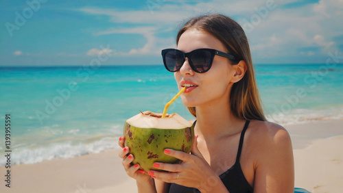 Coastal Relaxation: A radiant woman savors a refreshing drink on a sunny beach, embodying tranquility, joy, and the epitome of a perfect vacation day.