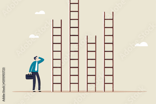 Choosing success ladder, difference career path, opportunity or various choices, challenge to choose best option, climb up ladder of success concept, businessman thinking to choose the right ladder.