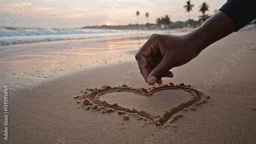 Love's Signature in Sand: A tender moment captured on a serene beach, where a hand delicately etches a heart into the sand, bathed in the soft light of dawn, symbolizing love and affection.