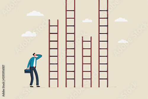 Choosing success ladder, difference career path, opportunity or various choices, challenge to choose best option, climb up ladder of success concept, businessman thinking to choose the right ladder.