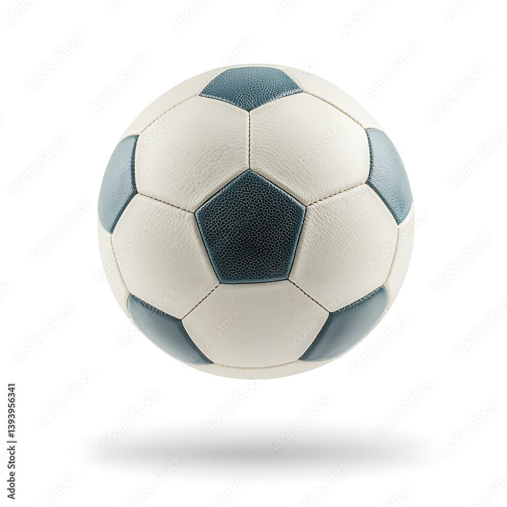 Obraz premium The soccer ball floats on a white surface, casting a shadow. White with blue panels
