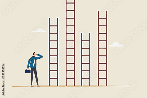 Choosing success ladder, difference career path, opportunity or various choices, challenge to choose best option, climb up ladder of success concept, businessman thinking to choose the right ladder.