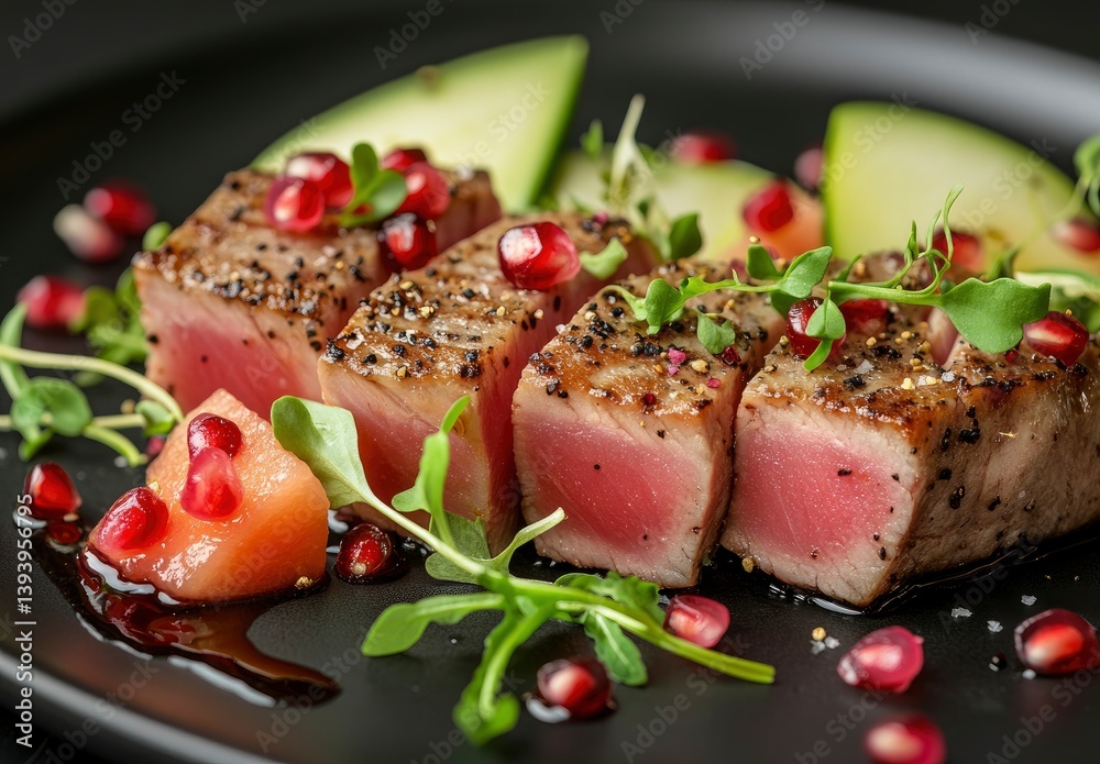 Seared Tuna Steak with Pomegranate and Avocado on Black Plate Seared Tuna Steak with Pomegranate and Avocado on Black Plate