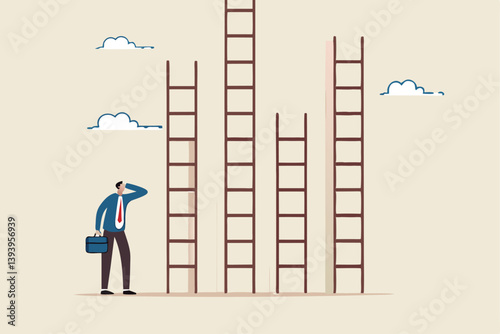 Choosing success ladder, difference career path, opportunity or various choices, challenge to choose best option, climb up ladder of success concept, businessman thinking to choose the right ladder.