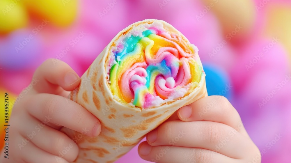 custom made wallpaper toronto digitalA child biting into a cotton candy burrito, rainbow swirls everywhere