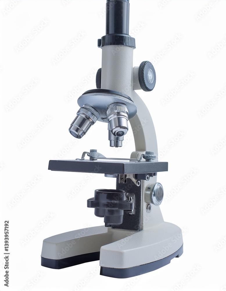 A close-up view of a microscope, showcasing its intricate lenses and base, used for scientific observation and analysis. A close-up view of a microscope, showcasing its intricate lenses and base, used for scientific observation and analysis.