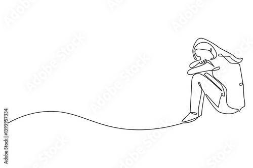 Continuous one line drawing of young sad woman. Single line drawing illustration of woman crying. International Day for the Elimination of Violence against Women. Doodle line illustration.