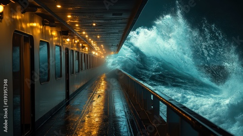 Ship deck, storm, ocean wave, night, danger, dramatic, travel, sea, water,  ferry