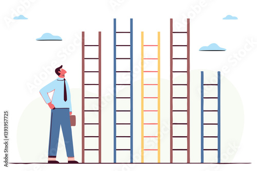 Choosing success ladder, difference career path, opportunity or various choices, challenge to choose best option, climb up ladder of success concept, businessman thinking to choose the right ladder.