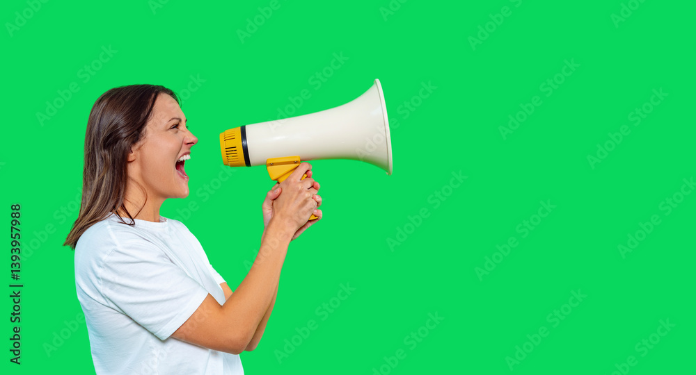 Young woman enthusiastically shouting into a megaphone against a bright green background, conveying a message of excitement and energy during an event Young woman enthusiastically shouting into a megaphone against a bright green background, conveying a message of excitement and energy during an event