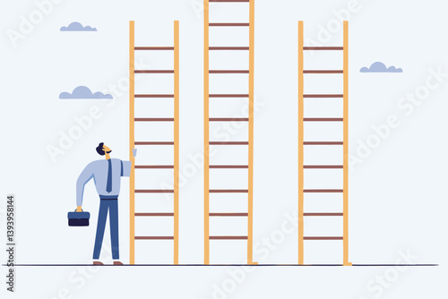 Choosing success ladder, difference career path, opportunity or various choices, challenge to choose best option, climb up ladder of success concept, businessman thinking to choose the right ladder.